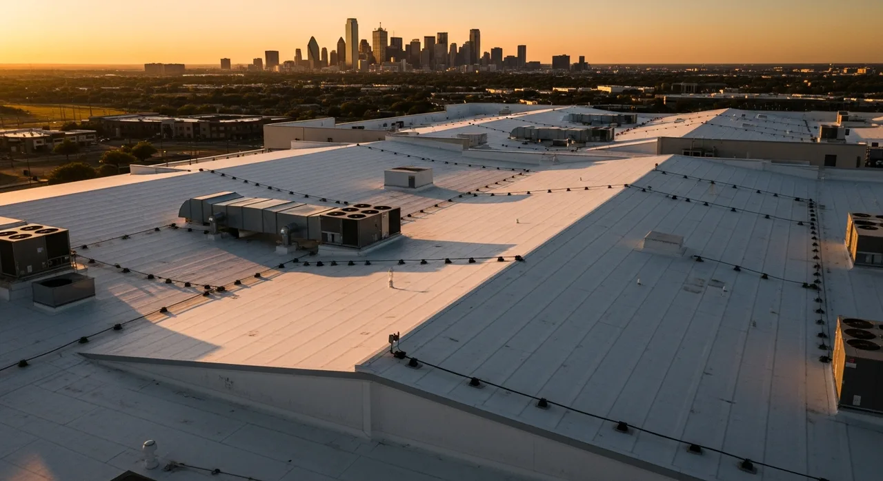 Aerial drone view of a vast commercial flat roof in North Texas at golden hour, with the Dallas skyline silhouetted on the horizon